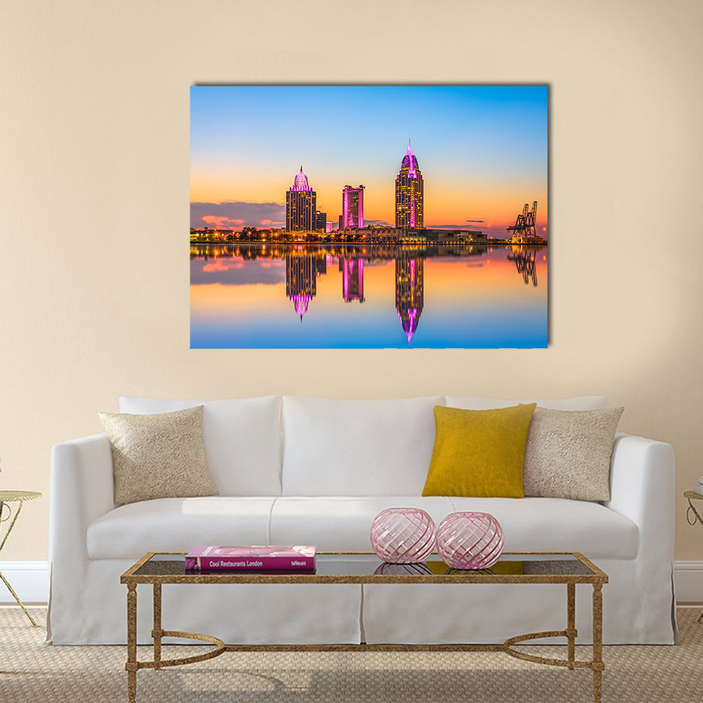 Alabama Downtown Skyline at Dusk Canvas Wall Art in orange, blue and purple, single panel hung on a wall