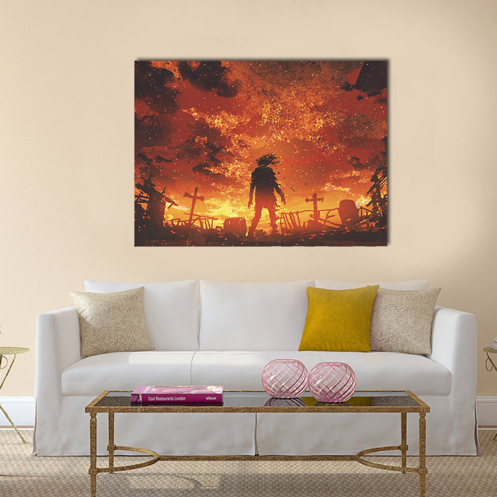 Zombie Silhouette in Burnt Cemetery Canvas Wall Art in black, red and orange, single panel hung on a wall