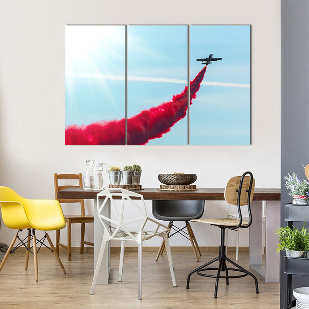 Airplane fly With Red Trail Smoke Canvas Wall Art