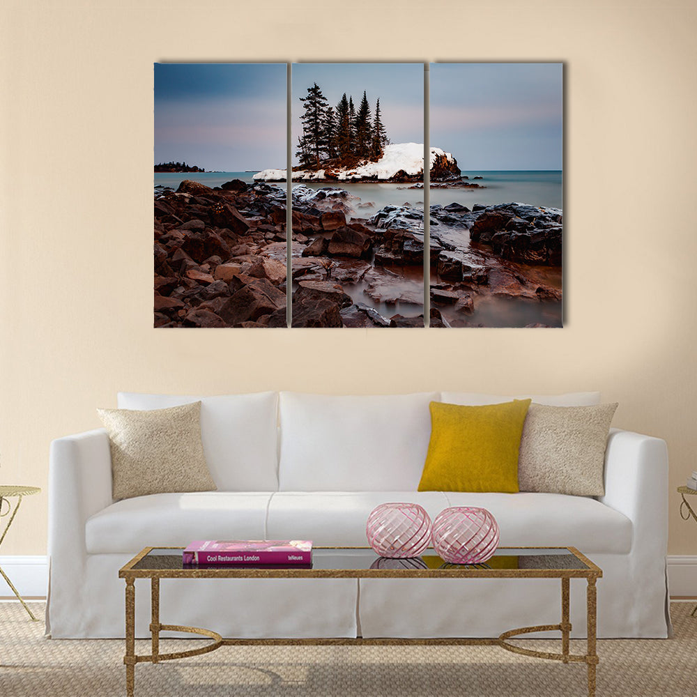 Lake Superior in Minnesota Canvas Wall Art in white, brown and blue, 3 panel horizontal set hung on a wall