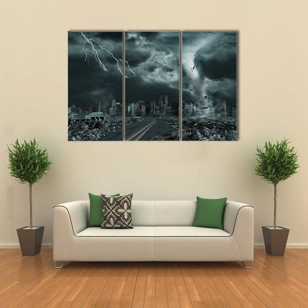 Tornado Over Ruined City Skyline Canvas Wall Art