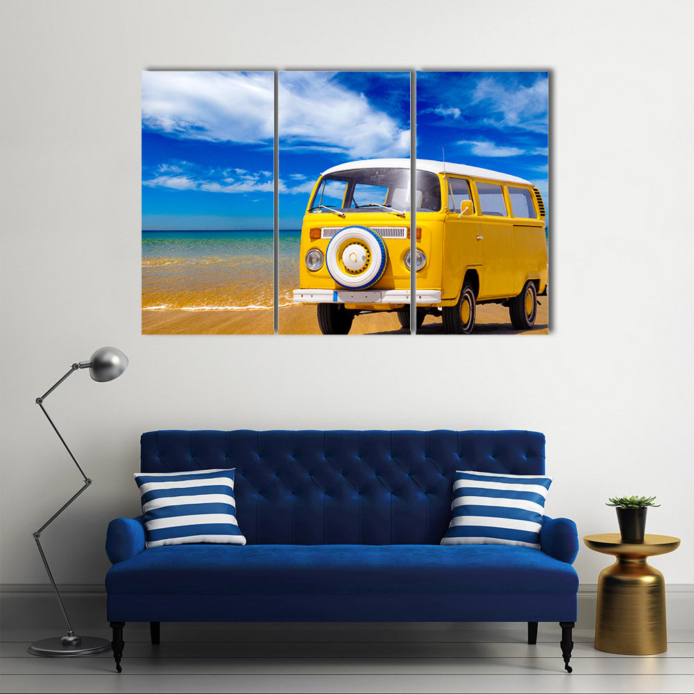 Yellow Vintage Van on Sandy Beach Canvas Wall Art