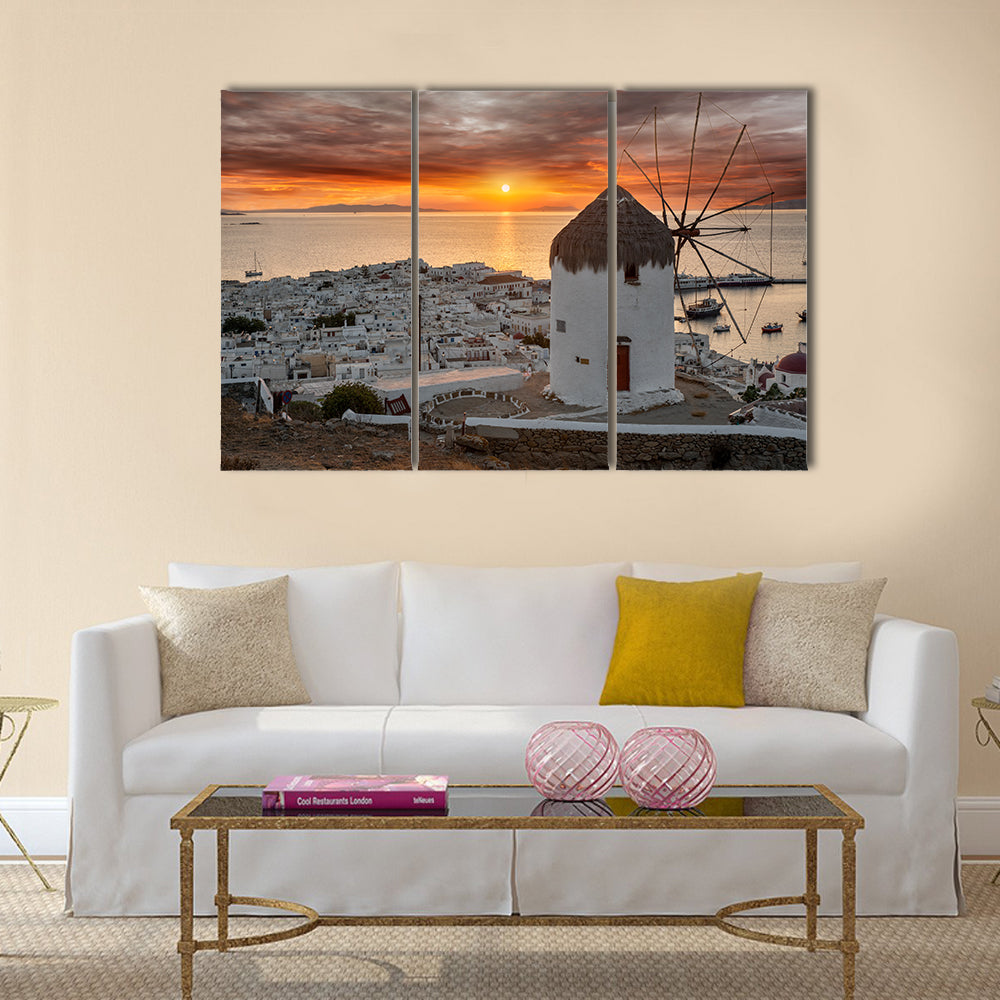 Mykonos Sunset with White Windmill Canvas Wall Art