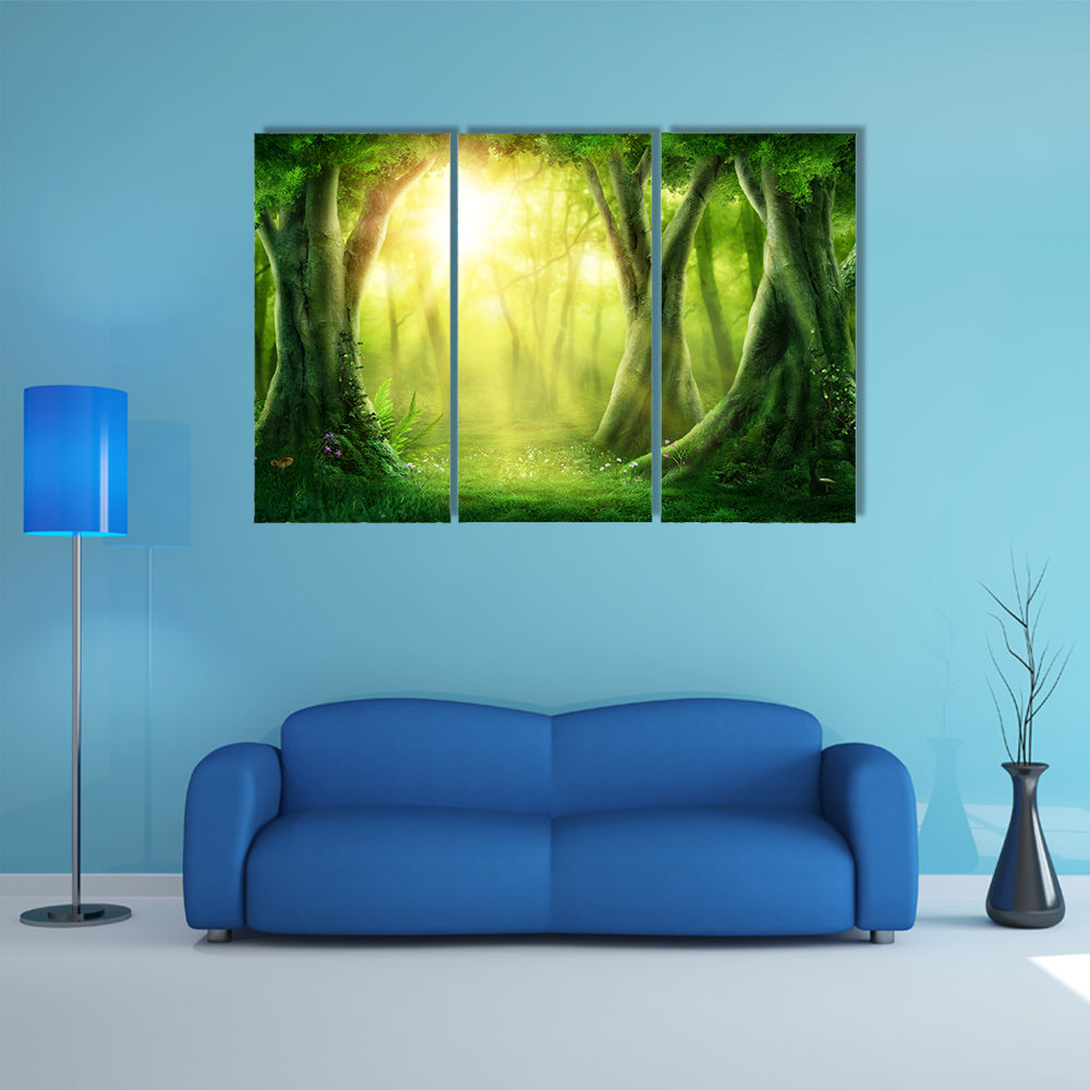 Dark Magic Forest With Sunshine Canvas Wall Art