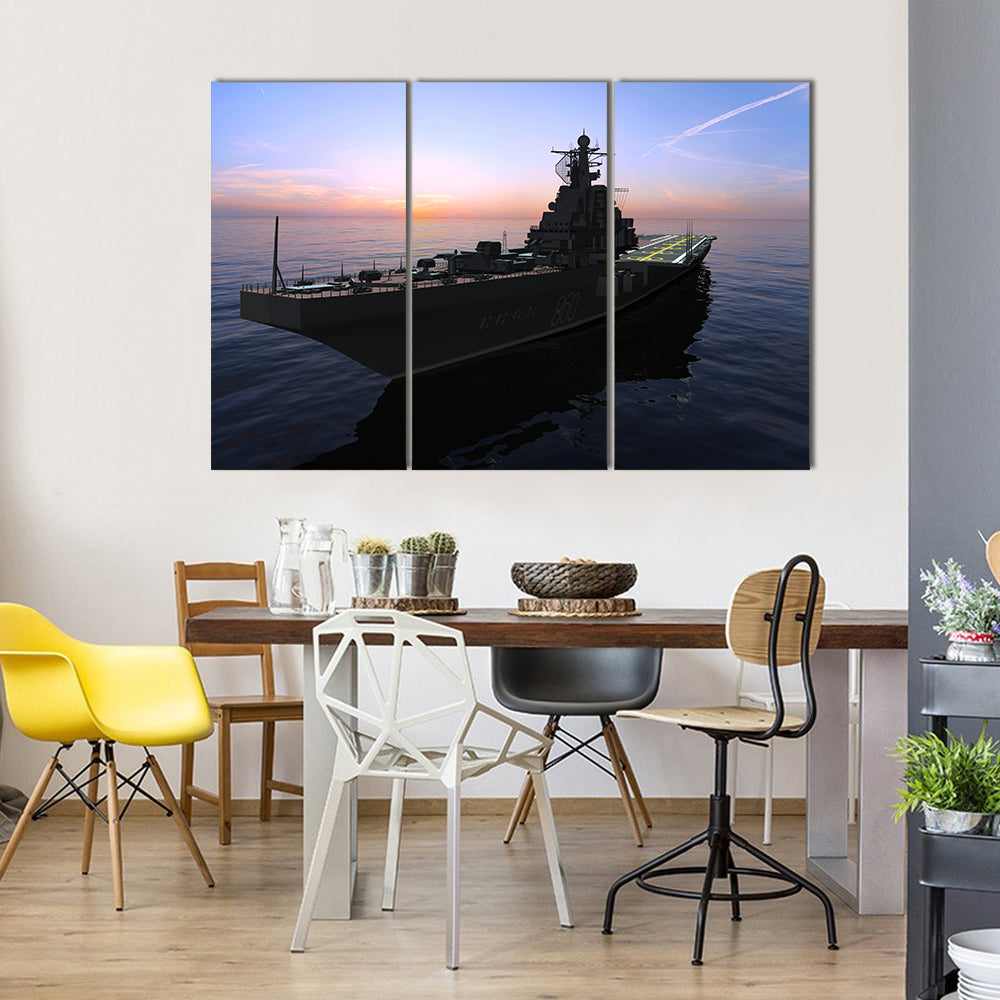 Naval Warship at Sunset Canvas Wall Art