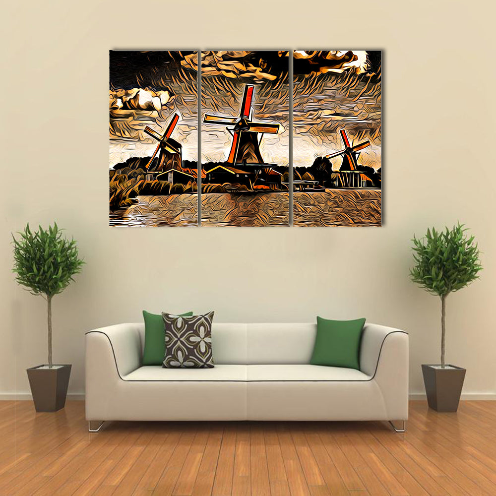 Three Vintage Windmills at Sunset Canvas Wall Art