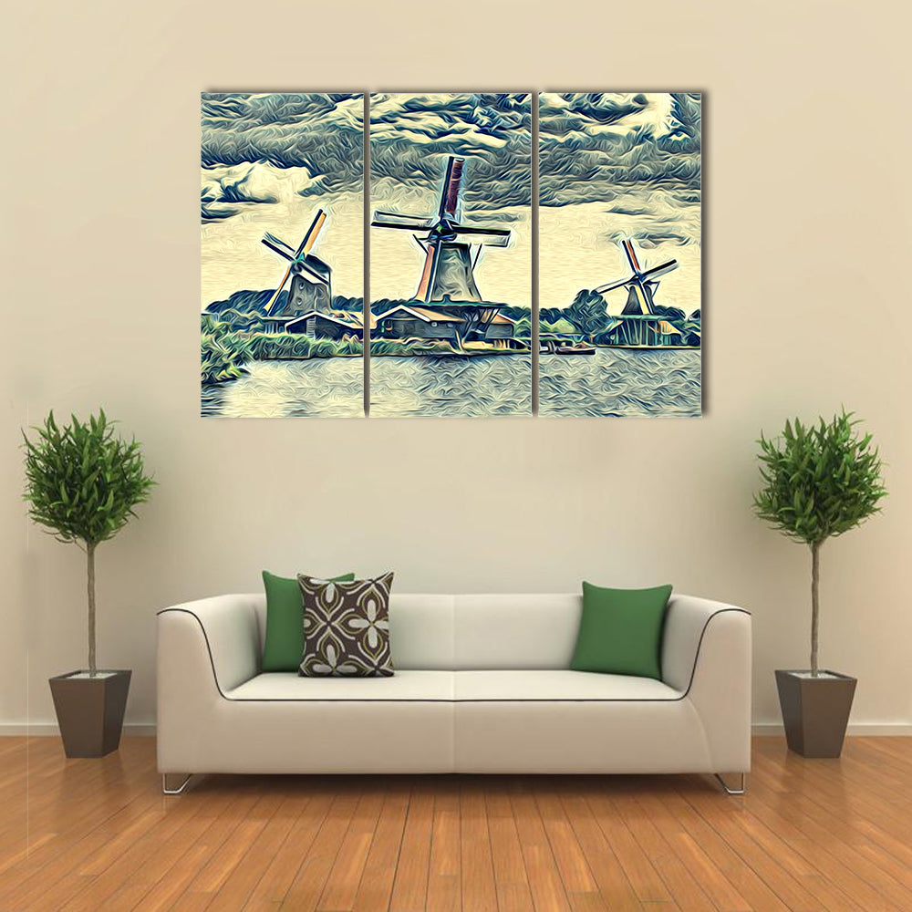 Vintage Dutch Windmills Landscape Canvas Wall Art