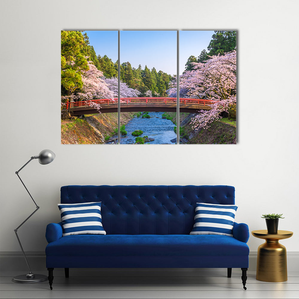 Cherry Blossoms Over Red Arched Bridge Canvas Wall Art