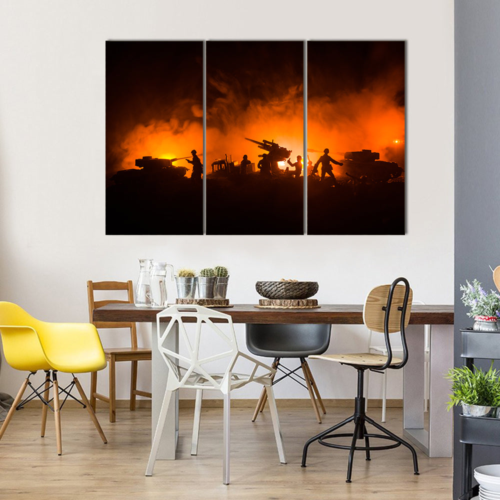 Soldier Silhouettes with Tanks and Anti-aircraft Canvas Wall Art