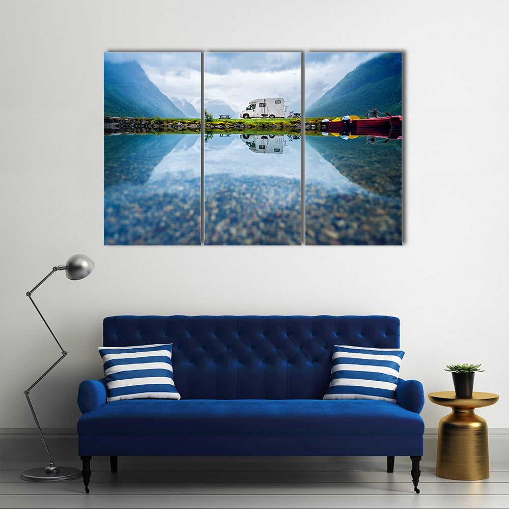 Motorhome by Mountain Lake, Norway Canvas Wall Art