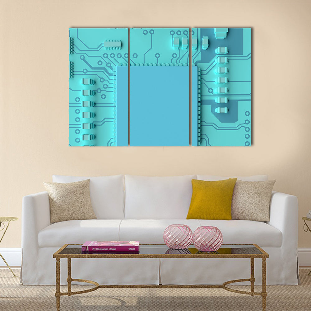 Circuit Board Concept Canvas Wall Art in blue, framed canvas, product view on a white background
