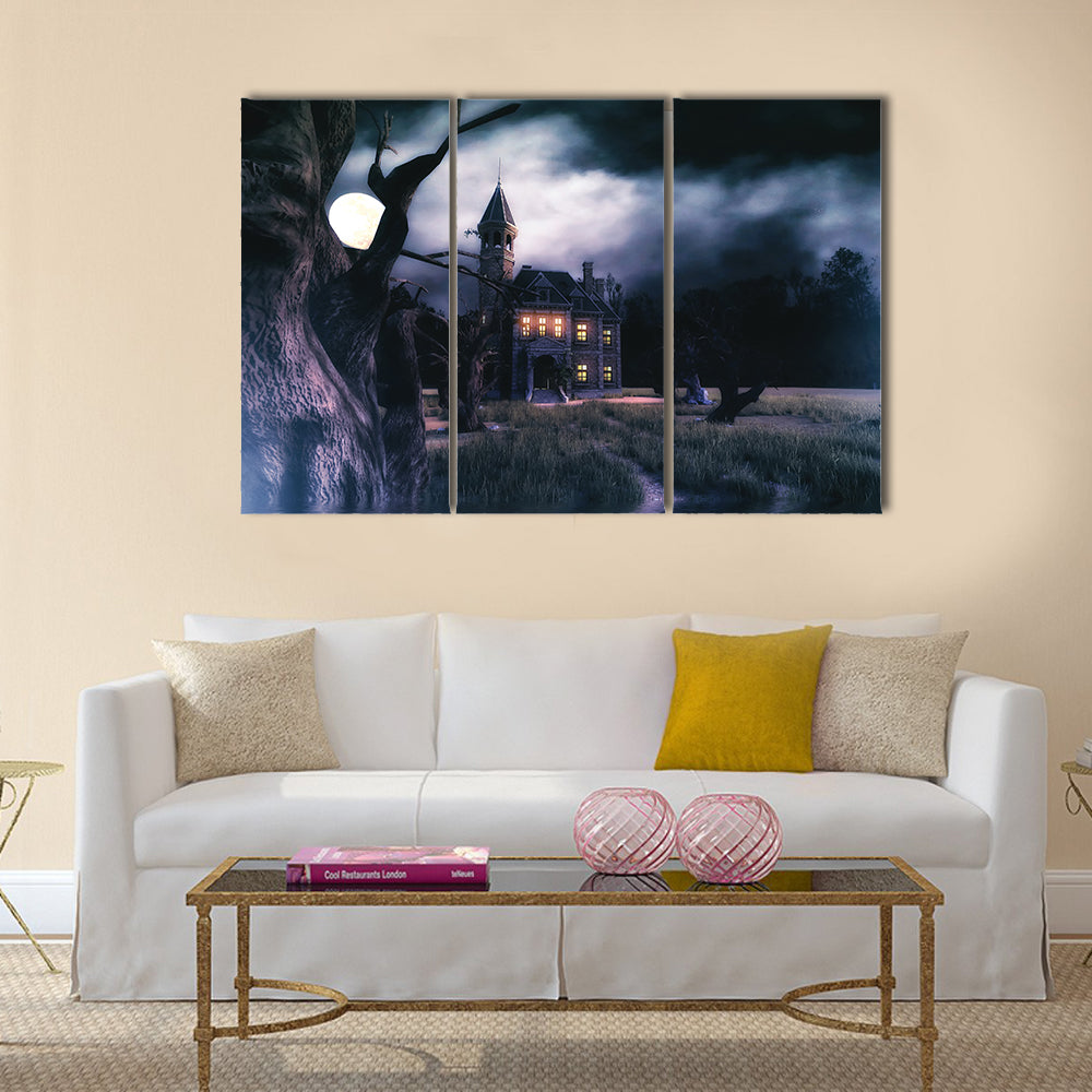 Moonlit Haunted Victorian Mansion Canvas Wall Art