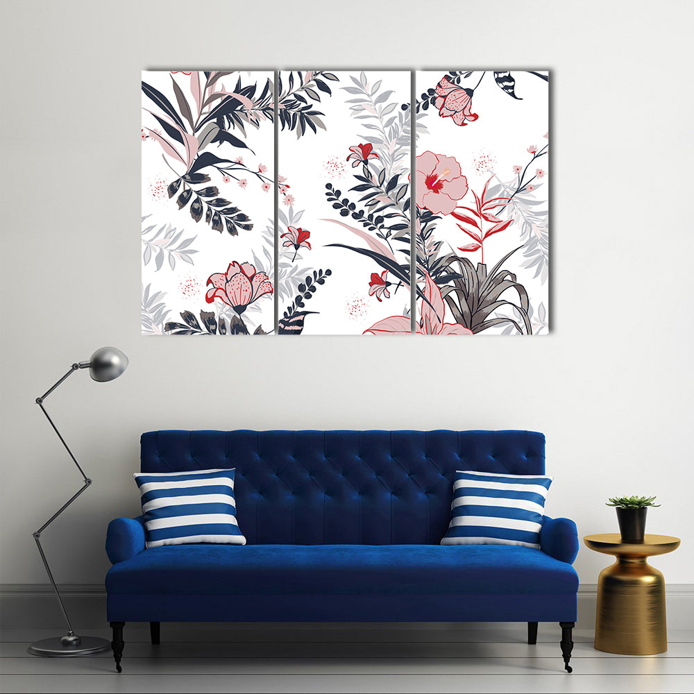 Hibiscus and Tropical Leaves Pattern Canvas Wall Art