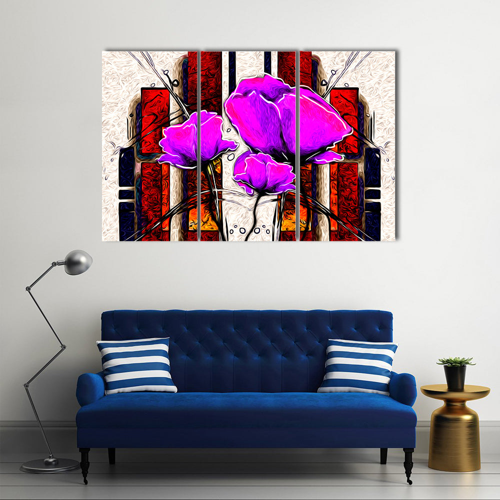 Oil Painted Purple Poppies with Geometric Background Canvas Wall Art
