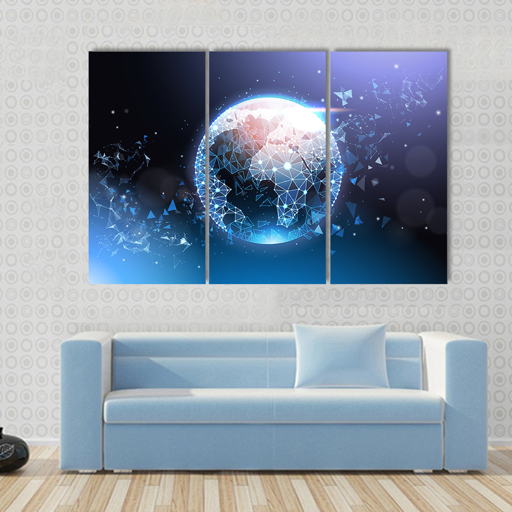 Digital Wireframe Globe Network Canvas Wall Art in black, blue and purple, framed print, product view on a white background