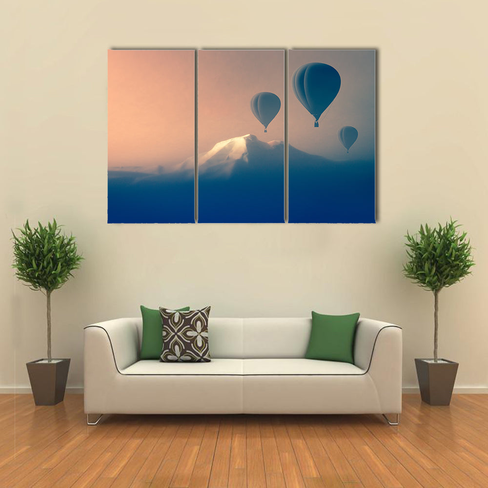Silhouette Of Air balloon Flying In The Mountains Canvas Wall Art