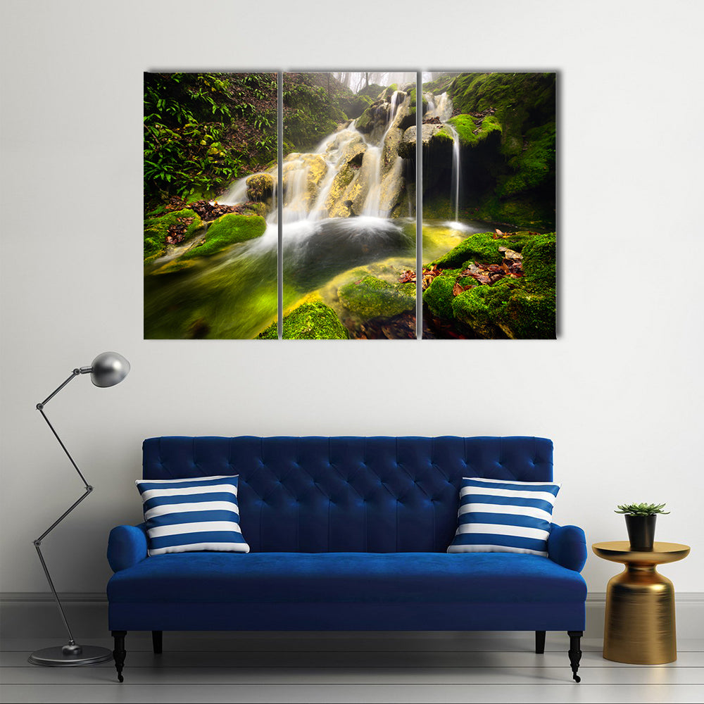 Forest Waterfall with Moss-covered Rocks Canvas Wall Art