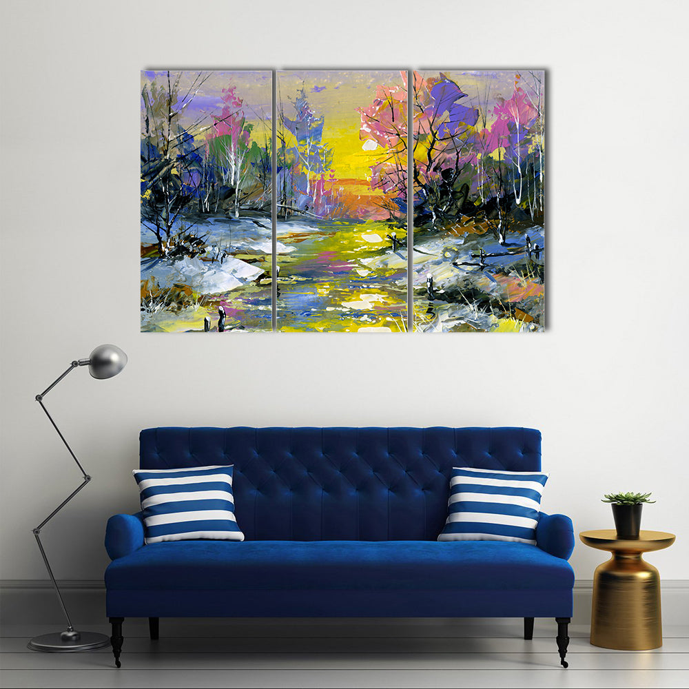 Winter Sunset River in Snowy Forest Canvas Wall Art