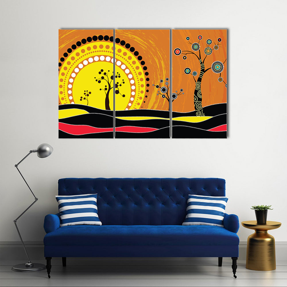 Aboriginal-style Sunset on Rolling Hills Canvas Wall Art
