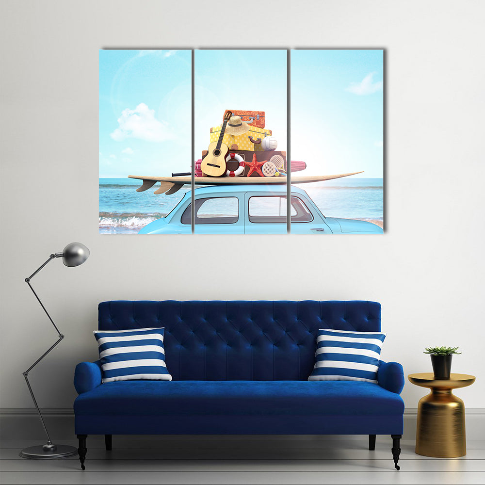 Vintage Beach Car with Surfboard Canvas Wall Art