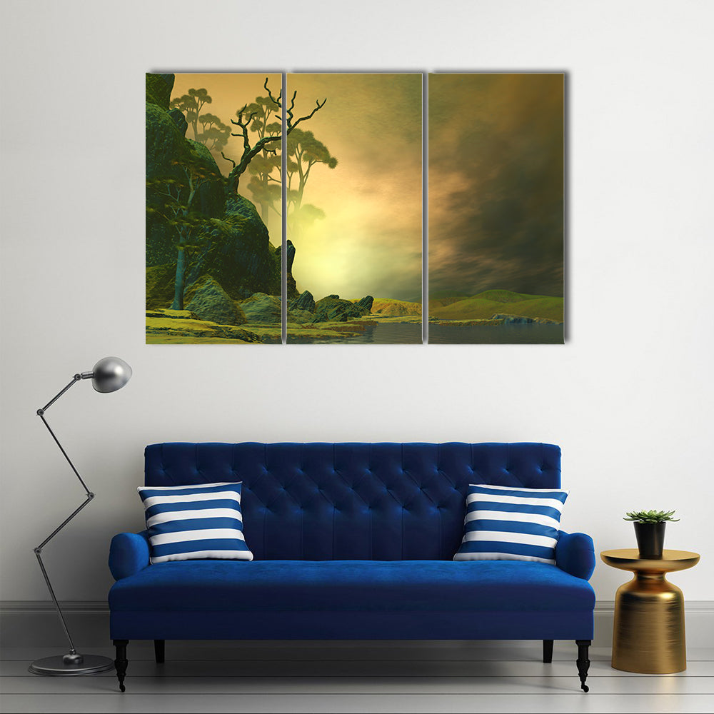 Misty Mountain Lake with Twisted Tree Canvas Wall Art