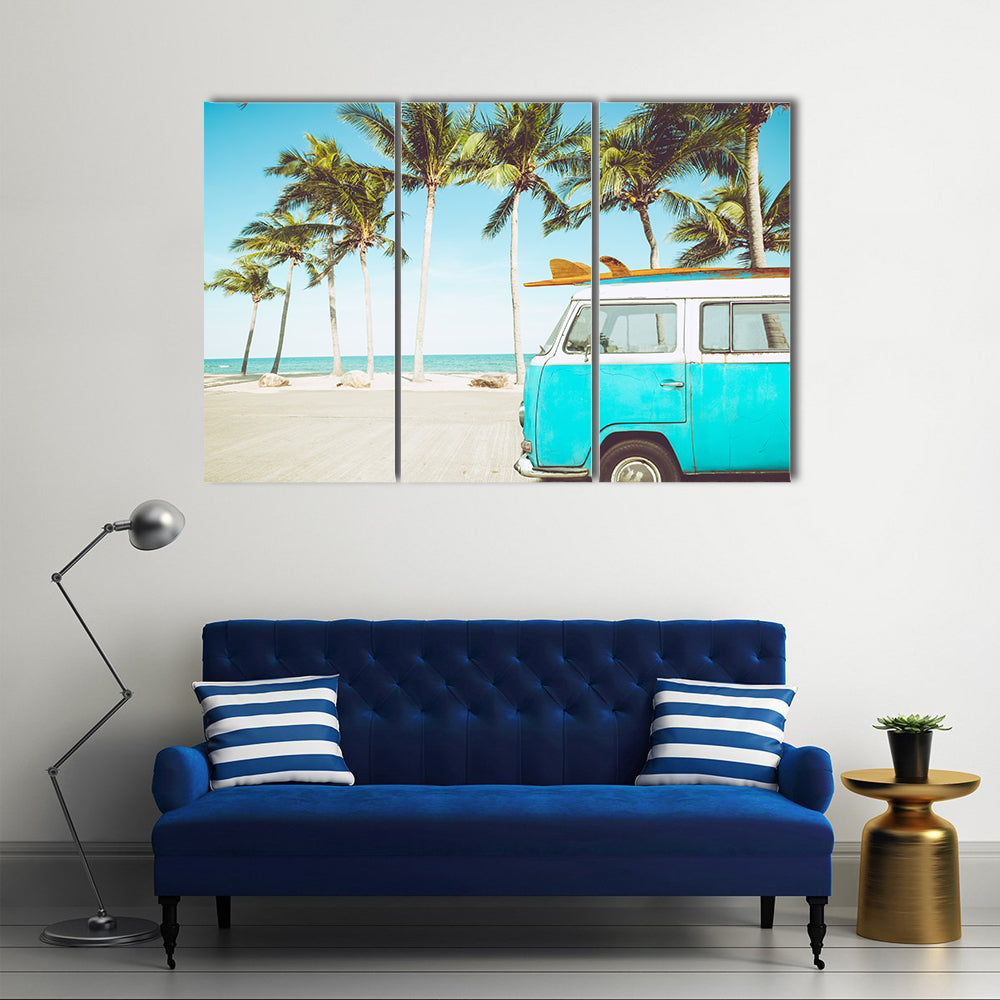 Teal and White Kombi on Tropical Beach Canvas Wall Art
