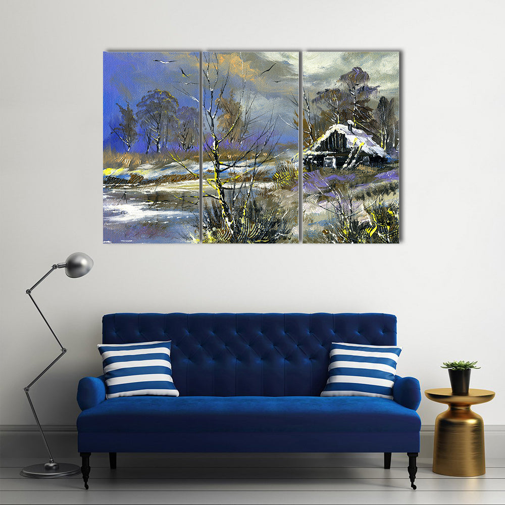 Snow-covered Cabin by the Lake Canvas Wall Art