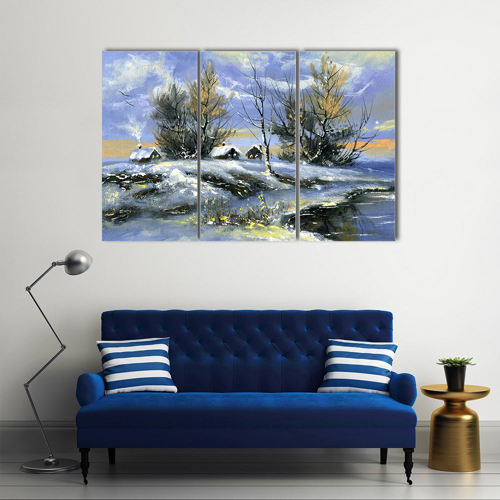 House On Bank Of Lake In Winter Canvas Wall Art