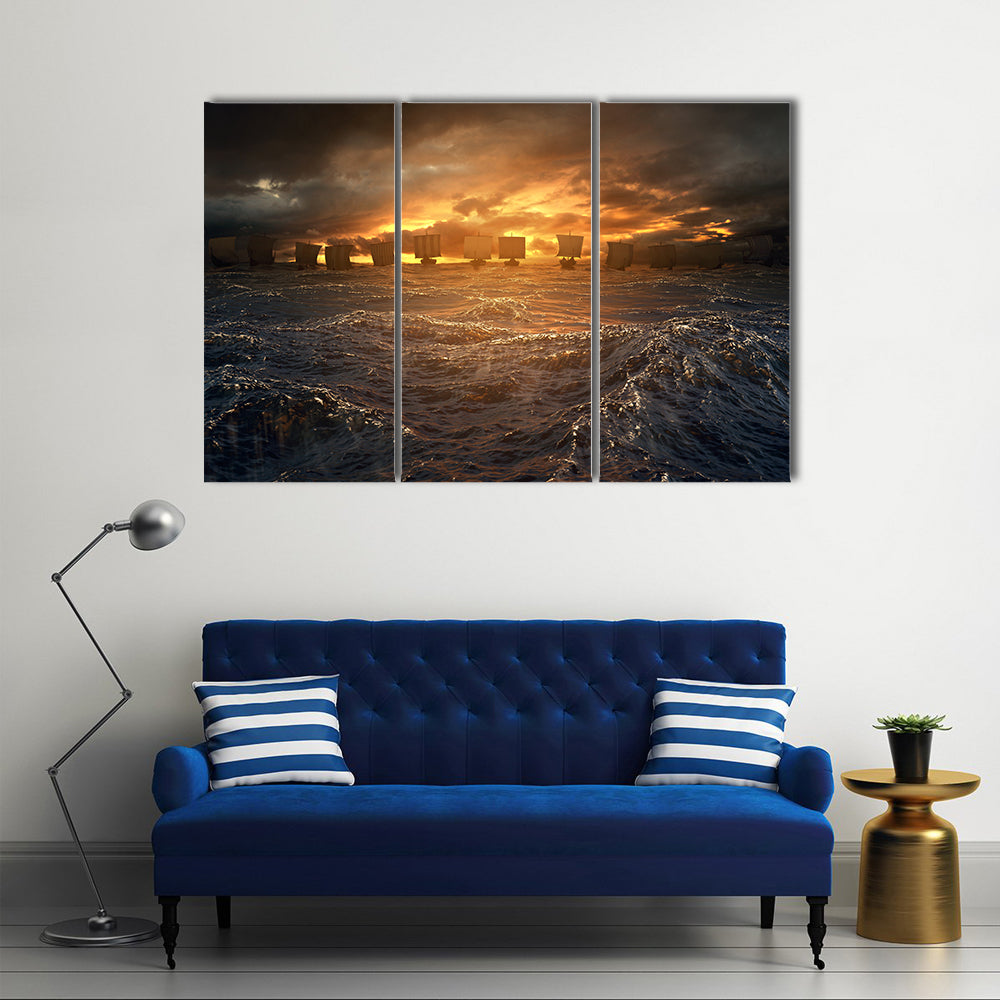 Viking Longships at Stormy Sunset Canvas Wall Art