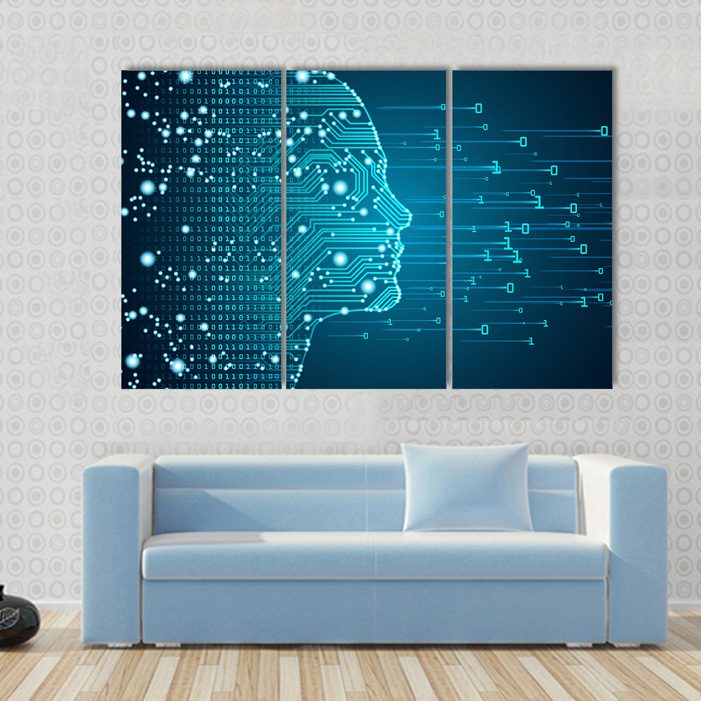 Ai Circuitry Silhouette Canvas Wall Art in black and blue, 3 panel horizontal set hung on a wall
