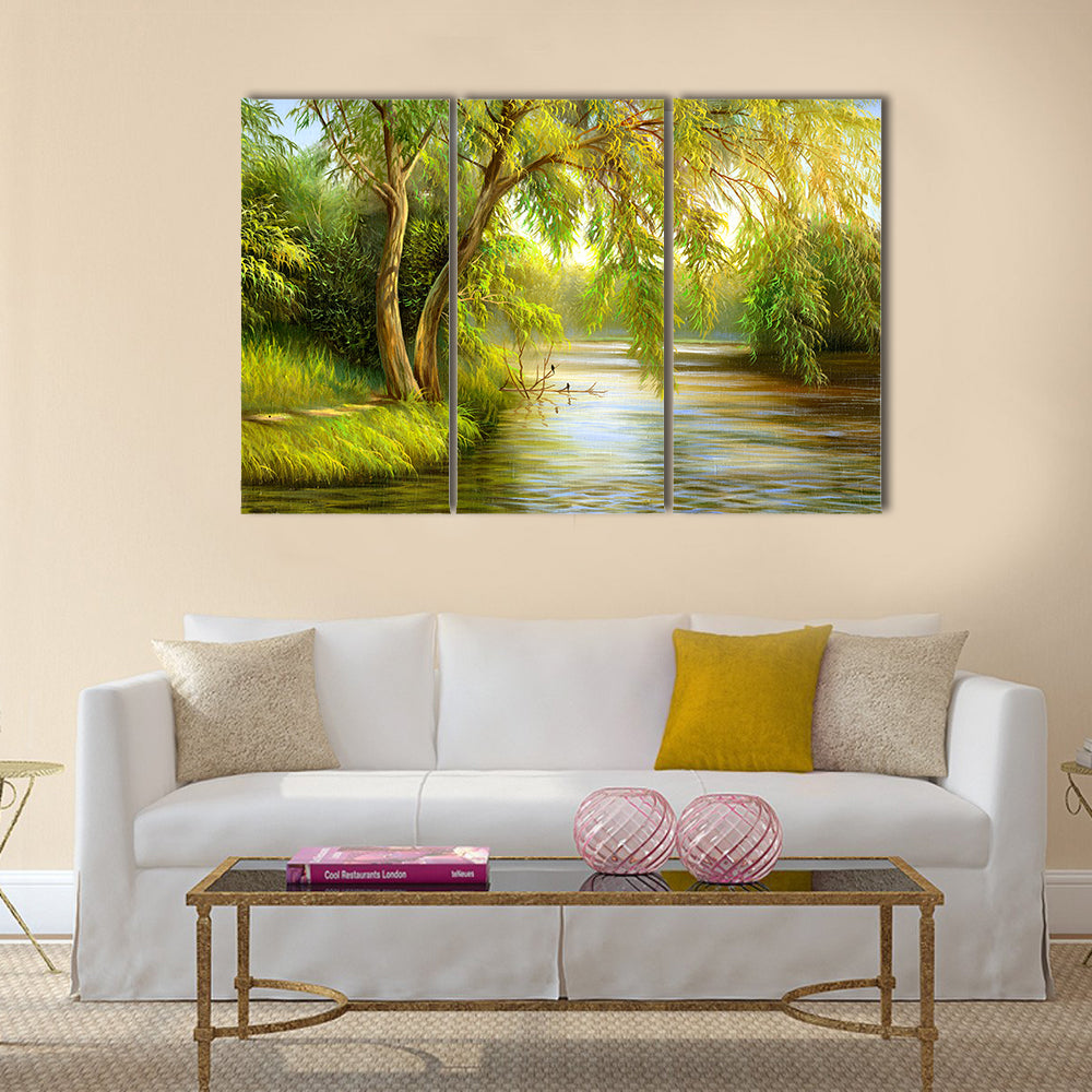 Summer Riverbank with Weeping Willow Canvas Wall Art