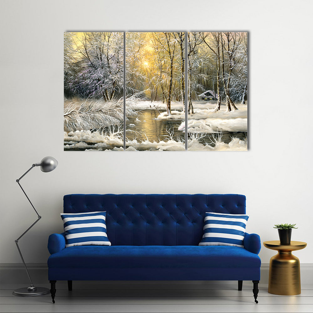 Winter Wooden Forest Lake Canvas Wall Art