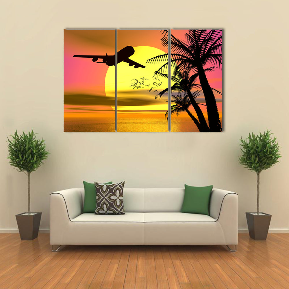 Tropical Sunset With Airplane Canvas Wall Art