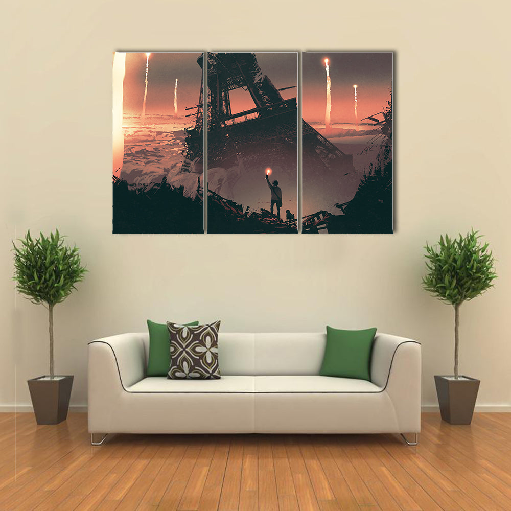 Silhouetted Man at Crumbling Eiffel Tower Canvas Wall Art in black, brown and orange, framed print, product view on a white background