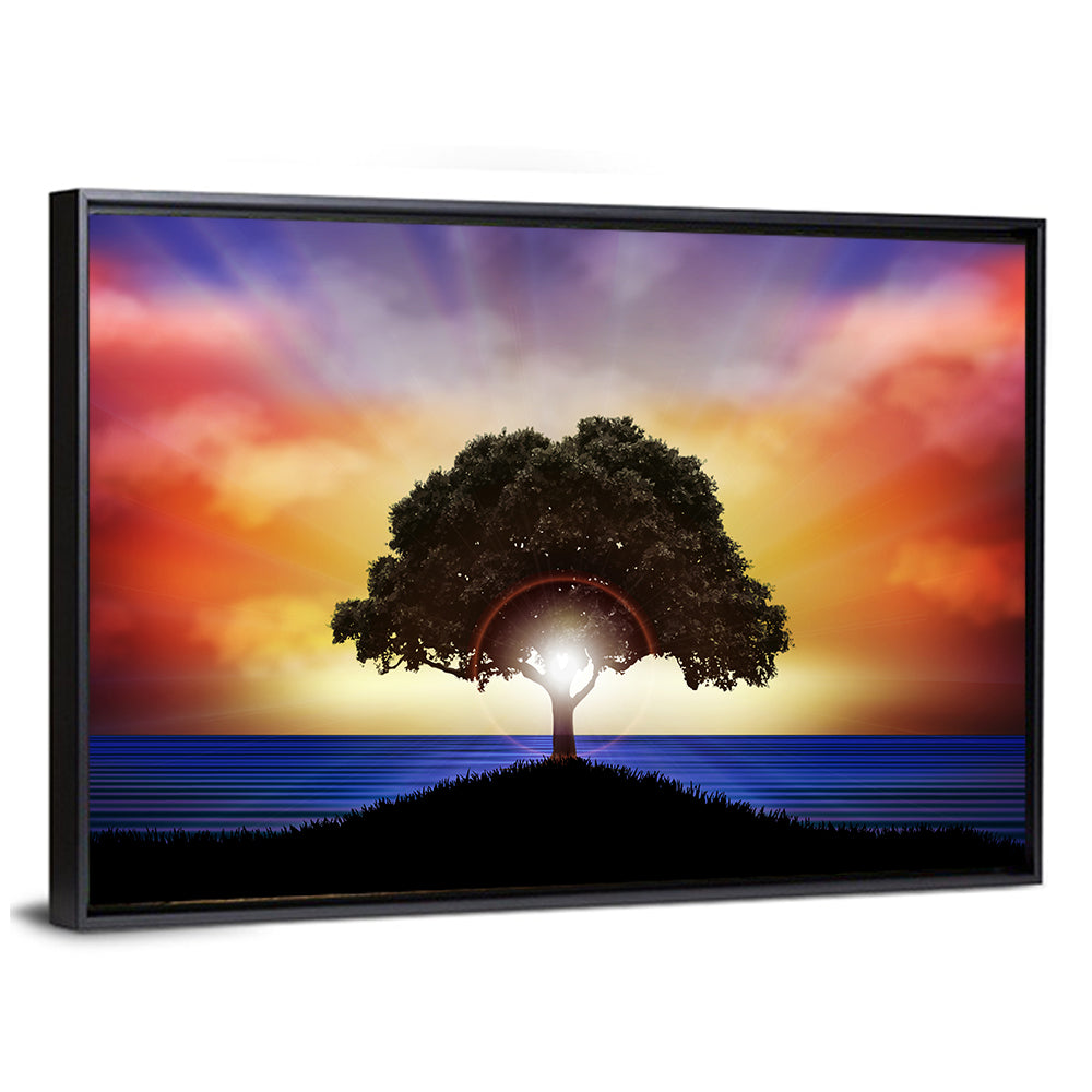 Lone Tree Silhouette at Sunset Canvas Wall Art