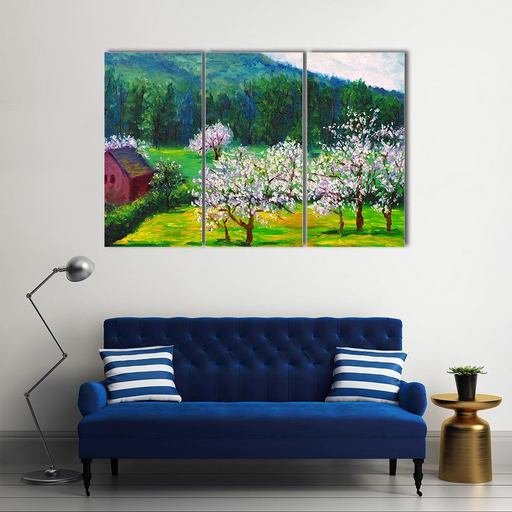 Plum Blossom Orchard with Red Barn Canvas Wall Art
