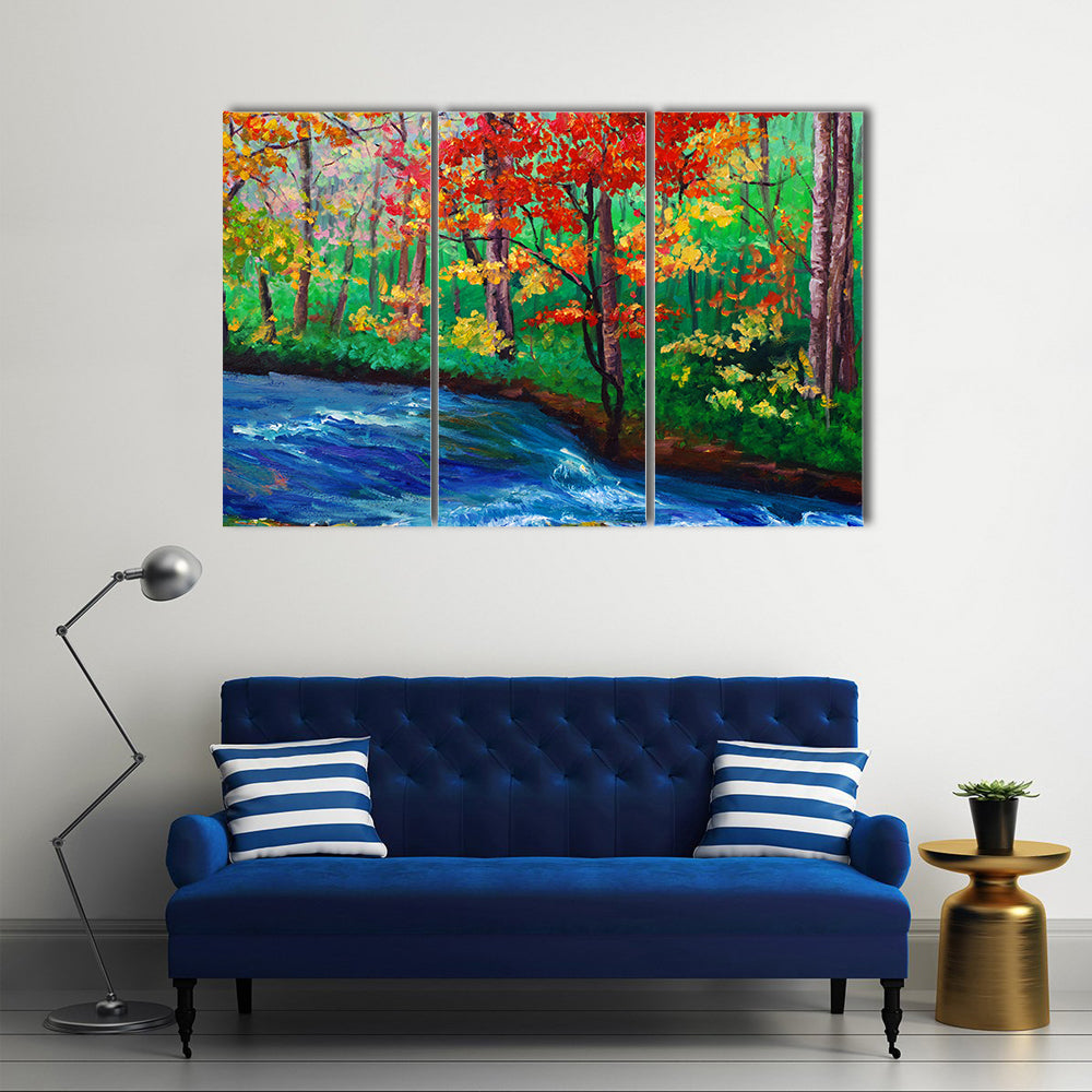 Autumn Maple by Flowing Stream Canvas Wall Art