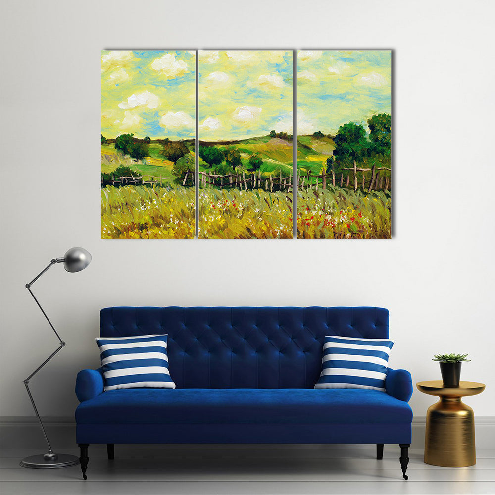Sunlit Rolling Green Farm Fields Painting Canvas Wall Art
