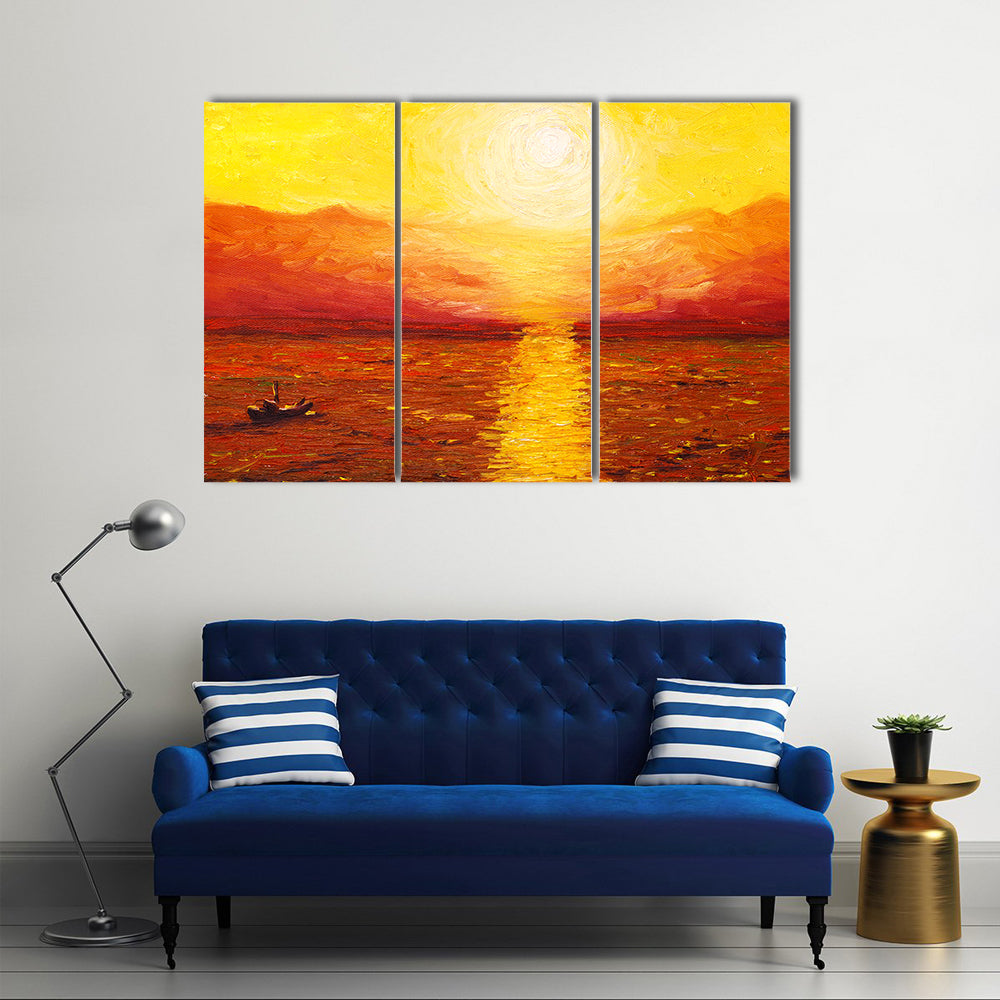 Sunset Sea with Boat Oil Painting Canvas Wall Art