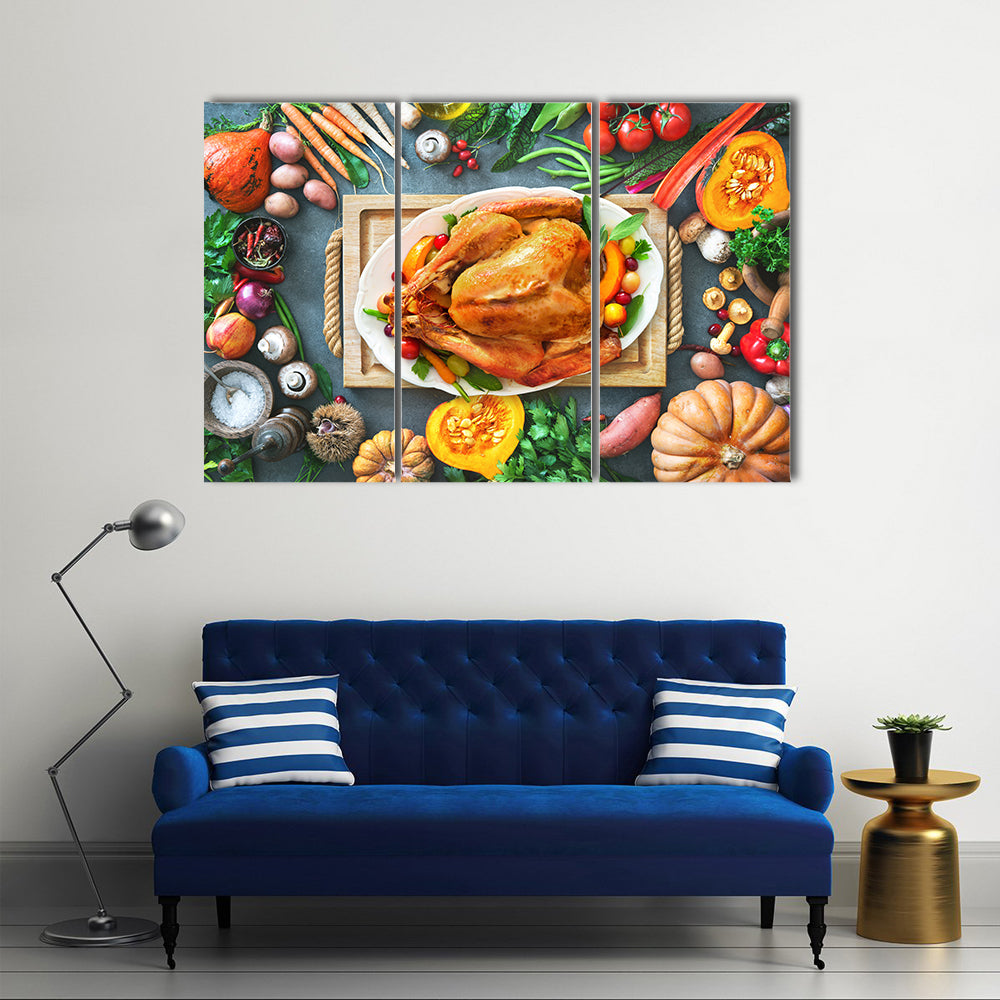 Thanksgiving Roasted Turkey Canvas Wall Art in brown, orange and green, 3 panel horizontal set hung on a wall