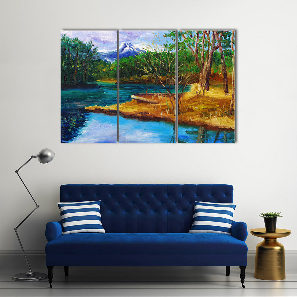 Autumn Lake with Rowboat and Mountain Reflection Canvas Wall Art