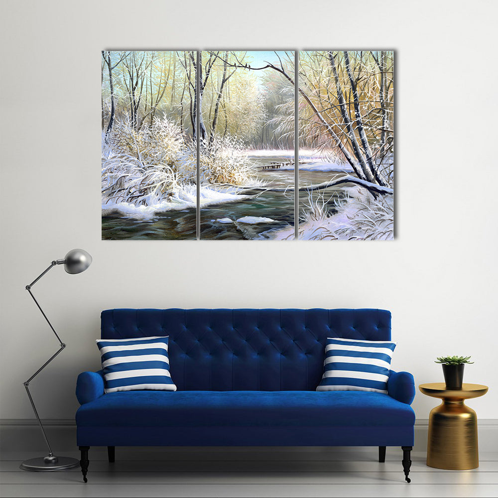 River In Winter Forest Canvas Wall Art
