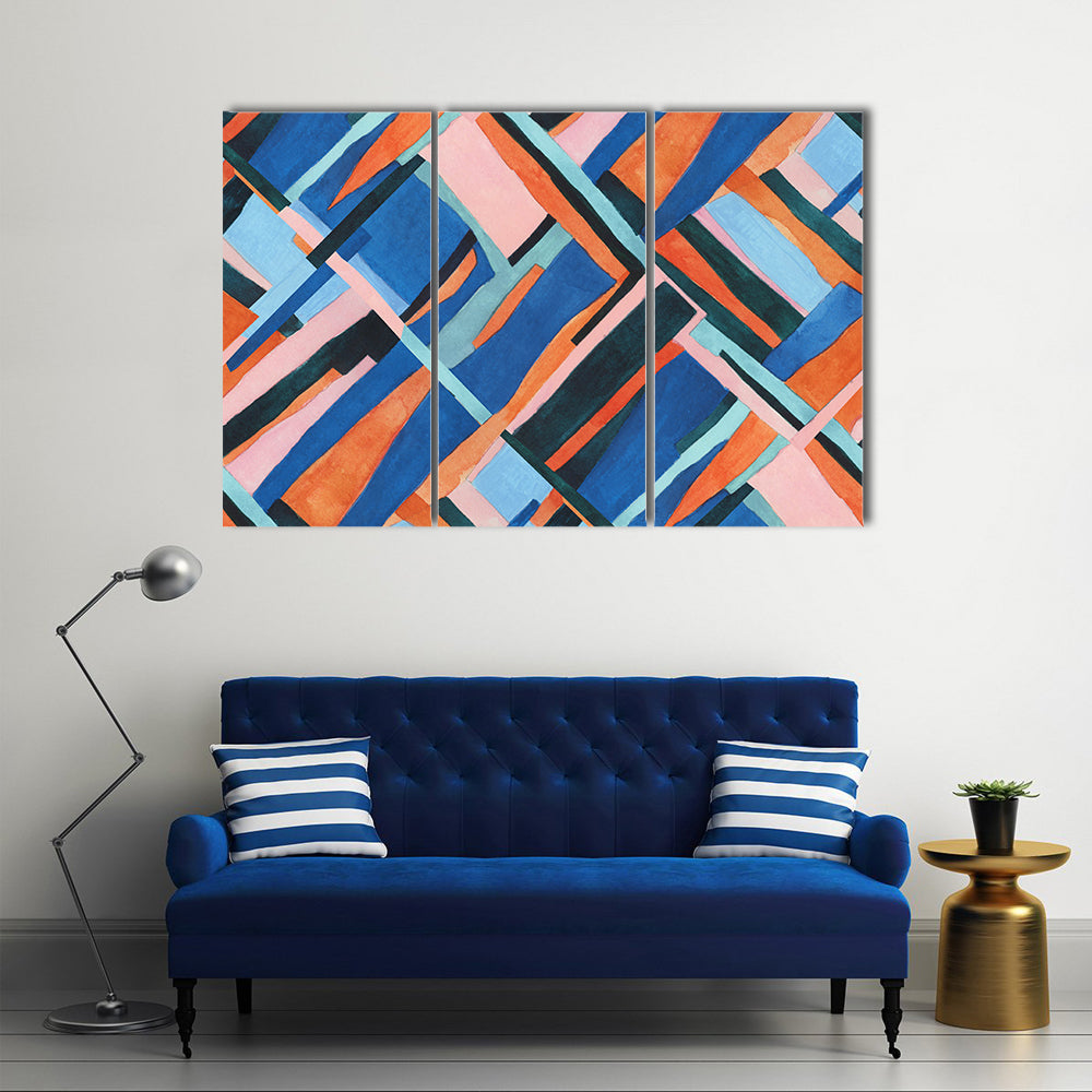 Abstract Geometric Collage in Blue and Orange Canvas Wall Art