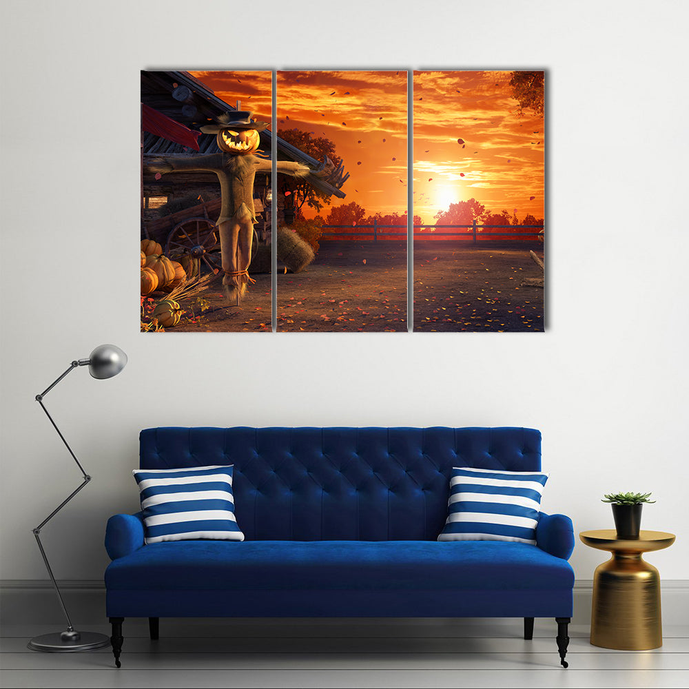 Pumpkin Scarecrow at Autumn Sunset Canvas Wall Art in brown, orange and yellow, 3 panel horizontal set hung on a wall