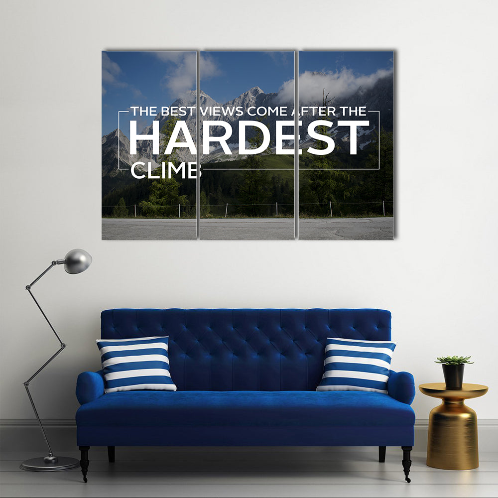 Workout Quote Over Alpine Mountain Road Canvas Wall Art in gray, green and blue, 3 panel horizontal set hung on a wall