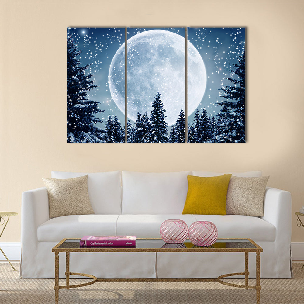Winter Scene In Full Moon Canvas Wall Art