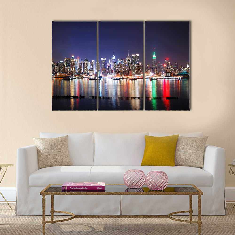 Times Square Reflections Over Hudson River Canvas Wall Art