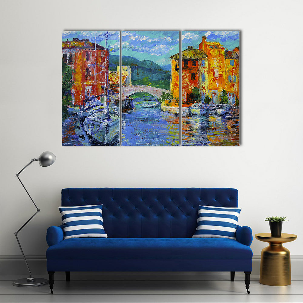 Port Grimaud Canal Scene with Sailboat Canvas Wall Art