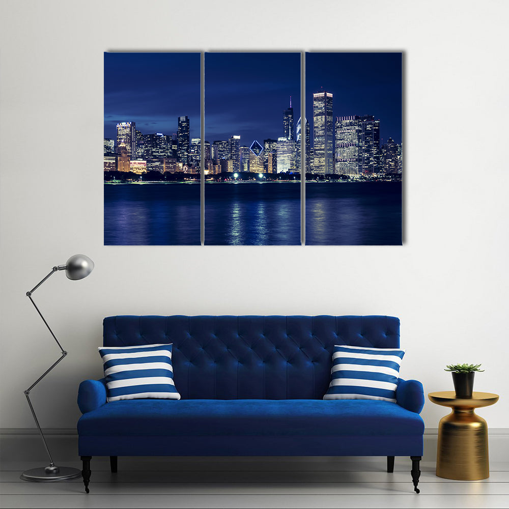 Chicago Skyline By Night Canvas Wall Art