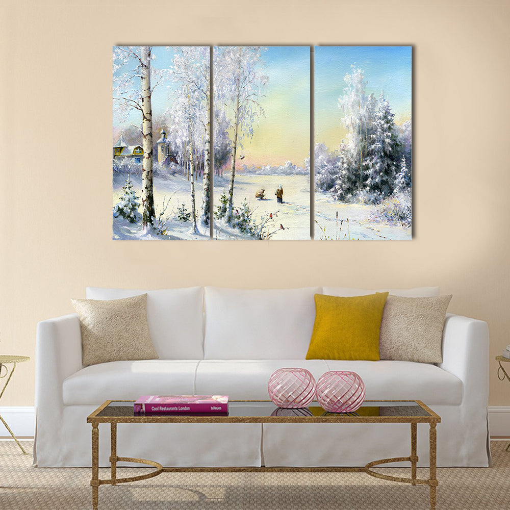 Frozen Lake In Winter Village Canvas Wall Art